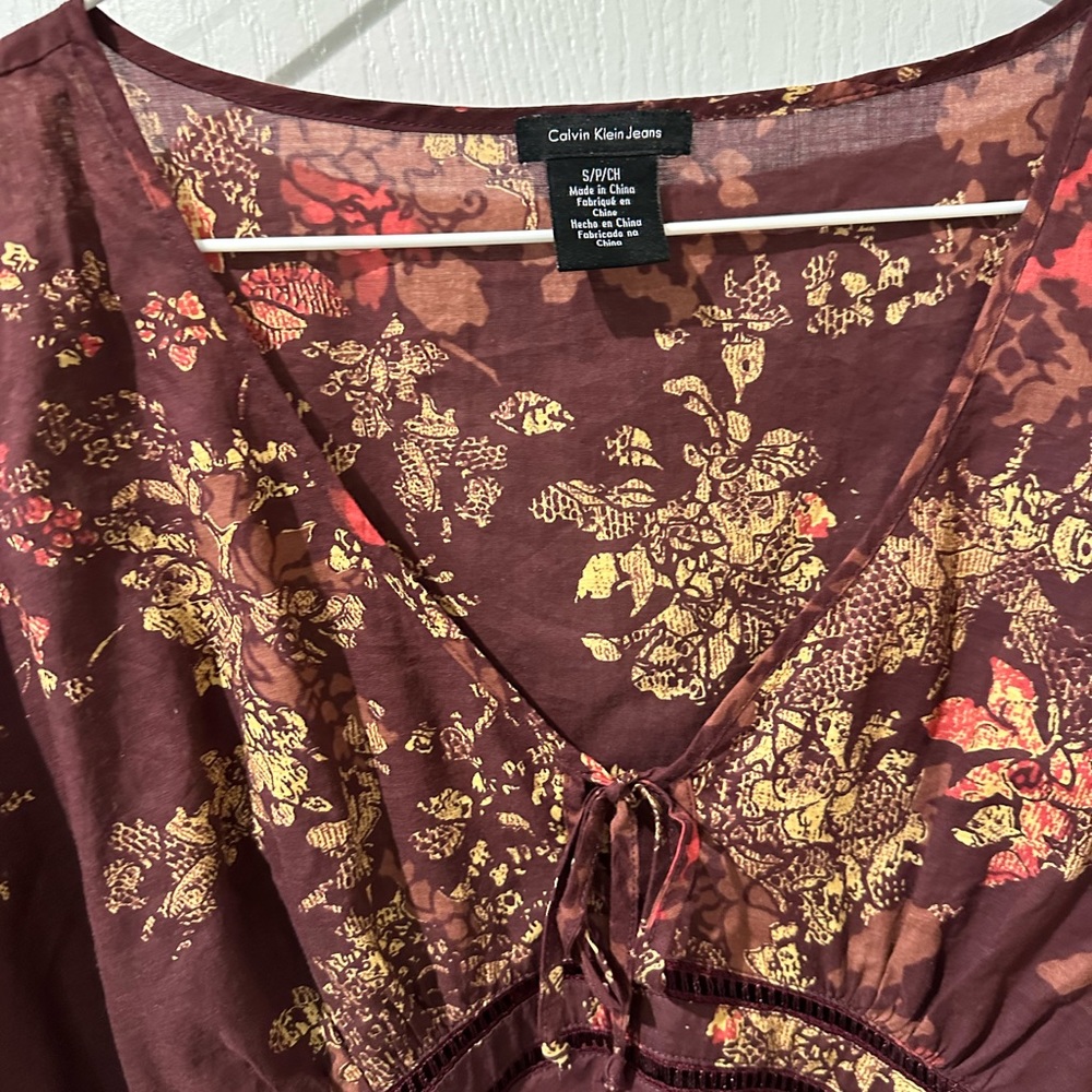 Calvin Klein Jeans Brown Floral Print Kimono Vneck Top Sz S - Picture 7 of 7